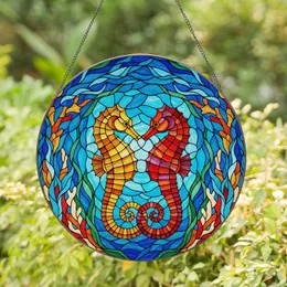 Two Seahorses Stained Glass Ocean Mosaic - Vibrant Coral Seaweed Marine Life Art Stained Glass Suncatcher