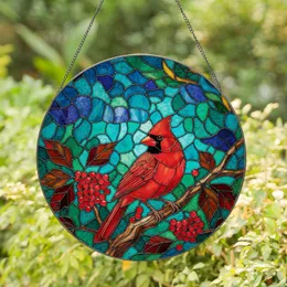 Male Cardinal Bird Stained Glass Mosaic with Red Berries - Tiffany Jewel Tone Decor Stained Glass Suncatcher