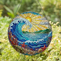 Majestic Ocean Wave & Sun Stained Glass Art - Underwater Coral & Sea Turtle Design Stained Glass Suncatcher