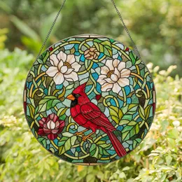 Red Cardinal Stained Glass Tiffany Style Floral Mosaic Densely Detailed Organic Shapes Stained Glass Suncatcher