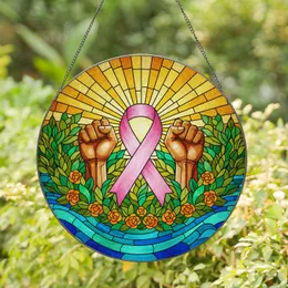Pink Awareness Ribbon Clenched Fists Stained Glass Art - Hope & Strength Mosaic Design Stained Glass Suncatcher