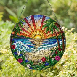 Stained Glass Ocean Sunset Sun Rays Palm Tree Tropical Beach Seashells Home Decor Stained Glass Suncatcher