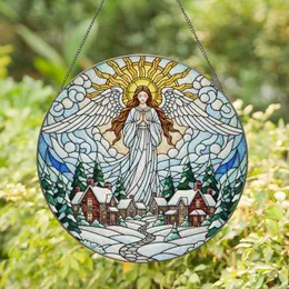 Angel Halo Sun Pine Trees Prayer Snow Village Winter Scene - Christmas Holiday Gift Stained Glass Suncatcher