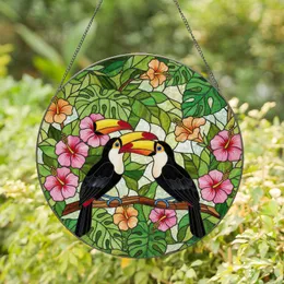 Toucans Hibiscus Tropical Flowers Tiffany Style Stained Glass Jungle Leaf Design Stained Glass Suncatcher