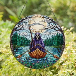 Grim Reaper Skeletal Scythe Rowboat - Full Moon Evergreen Forest Tiffany Stained Glass Look Stained Glass Suncatcher