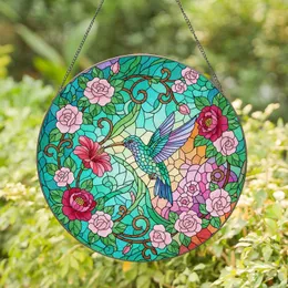 Mid-Flight Hummingbird Blossom Stained Glass Flowers Mosaic - Tiffany Style Garden Decor Gift Stained Glass Suncatcher