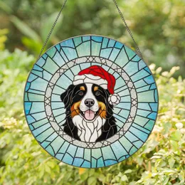Bernese Mountain Dog Santa Hat - Tiffany Stained Glass Christmas Holiday Gift for Dog Lovers Stained Glass Suncatcher