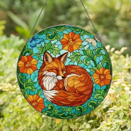 Red Fox Stained Glass Art Tiffany Style Blue Butterfly Orange Flowers Green Mosaic Stained Glass Suncatcher
