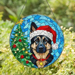 Black Tan Dog Santa Hat Christmas Tree - Icy Blue Mosaic Holiday Gift for Dog Lovers Stained Glass Suncatcher
