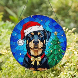 Black Tan Rottweiler Doberman Dog Santa Hat Stained Glass Christmas Tree Tiffany Art Stained Glass Suncatcher