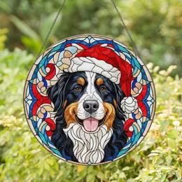 Bernese Mountain Dog Santa Hat Tiffany Style Mosaic Jewel Tone - Christmas Holiday Gift Stained Glass Suncatcher