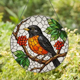 Tiffany Stained Glass American Robin Bird on Branch with Berries - Nature Art Decor Stained Glass Suncatcher