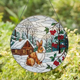 Fluffy Brown White Rabbit Winter Snow Forest Cabin Berries - Tiffany Stained Glass Holiday Decor Stained Glass Suncatcher