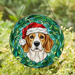 Beagle Dog Santa Hat Stained Glass Mosaic Art - Christmas Holiday Gift for Dog Lover Stained Glass Suncatcher