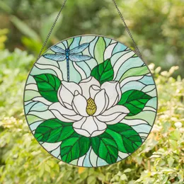 White Magnolia Blue Dragonfly Stained Glass - Tiffany Jewel Tone Opalescent Floral Decor Stained Glass Suncatcher