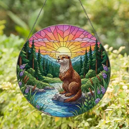 Stained Glass Brown Otter River Vibrant Sunset Forest Pine Hills - Wildlife Decor Stained Glass Suncatcher