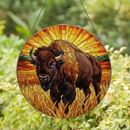 American Bison Horns Prairie Landscape Stained Glass - Tiffany Sunset Jewel Tones Stained Glass Suncatcher