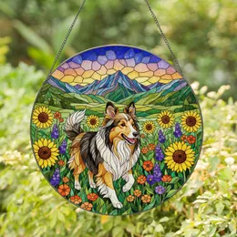 Happy Sheltie Dog Wildflower Meadow Tiffany Stained Glass Style Colorful Nature Art Stained Glass Suncatcher