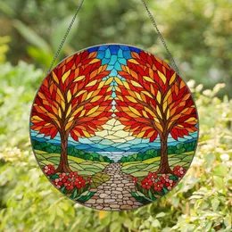 Tiffany Stained Glass Autumn Trees Cobblestone Path Hills Mosaic - Fall Nature Art Stained Glass Suncatcher