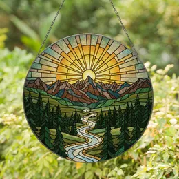 Tiffany Stained Glass Golden Sun Rays Rugged Mountain River Pine Window Decor Stained Glass Suncatcher