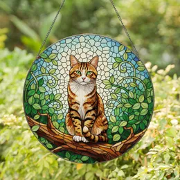 Tabby Cat Tiffany Glass Mosaic Art, Green Eyes, Lush Foliage & Intricate Details Stained Glass Suncatcher