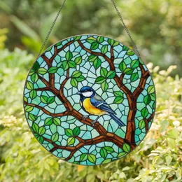 Great Tit Bird Stained Glass Tiffany Style - Perched Branch Green Leaves Mosaic Sky Stained Glass Suncatcher
