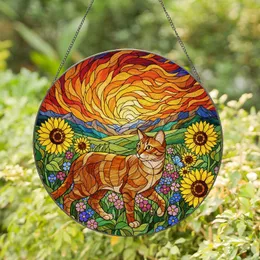 Curious Domestic Striped Cat Meadow Sunflowers Wildflowers Sunset Mountains Home Decor Stained Glass Suncatcher
