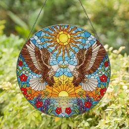 Bald Eagles Soaring Tiffany Stained Glass Art - Sunset Blue Sky & Floral Mosaic Design Stained Glass Suncatcher