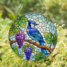 Blue Jay Branch Stained Glass Purple Grapes Vine Leaves Translucent Tiffany Mosaic Stained Glass Suncatcher