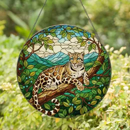 Clouded Leopard Stained Glass Art - Blue Eyes Tiffany Style Mountain Forest Stained Glass Suncatcher