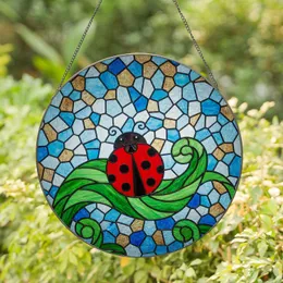 Ladybug Stained Glass Tiffany Style Mosaic Sky Jewel Tone Red Green Leaf Home Decoration Stained Glass Suncatcher