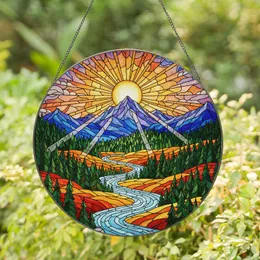 Glowing Sun Mountain River Forest Autumnal Vista - Home Decor Window Gift Stained Glass Suncatcher