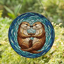 Cuddling River Otters Stained Glass Art - Glowing Tiffany Style Intricate Water Mosaic Stained Glass Suncatcher