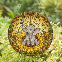 Stained Glass Baby Elephant Butterfly Sunflower Intricate Meadow Scene Glowing Tiffany Stained Glass Suncatcher