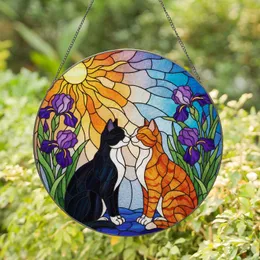 Stained Glass Tuxedo & Tabby Cats Nuzzling Purple Flowers Sun - Feline Art Gift Stained Glass Suncatcher