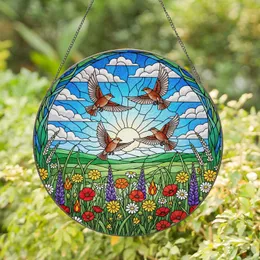 Five Birds Flying Wildflowers Blue Sky Green Hills - Tiffany Stained Glass Art Stained Glass Suncatcher