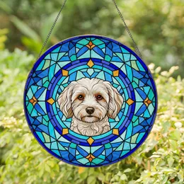 Fluffy White Dog Stained Glass Art – Maltese Poodle Portrait Geometric Blue Teal Mosaic Stained Glass Suncatcher