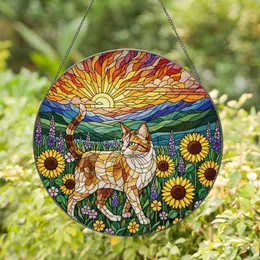 Tiffany Stained Glass Calico Cat Sunflowers Lavender Sunset Mountain Art - Cat Lover Gift Stained Glass Suncatcher