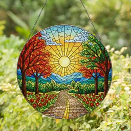 Winding Cobblestone Road Radiant Sun Autumn Mountains Stained Glass Style Vibrant Jewel Tones Stained Glass Suncatcher