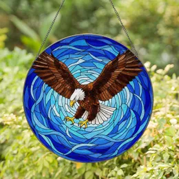 Bald Eagle Stained Glass Mosaic - Tiffany Style Rippling Waves Deep Blue Golden Yellow Stained Glass Suncatcher
