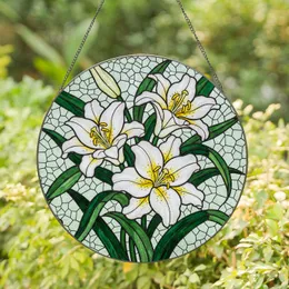 Three White Lilies Stained Glass Art - Tiffany Inspired Daffodil Yellow Green Mosaic for Home Decor Stained Glass Suncatcher