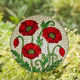 Red Poppy Flowers Stained Glass Tiffany Art with Green Leaves Buds & Cream Yellow Mosaic Stained Glass Suncatcher