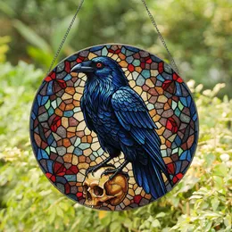 Majestic Raven Stained Glass Human Skull - Tiffany Style Iridescent Blue Black Amber Gold Stained Glass Suncatcher