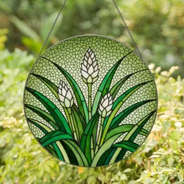 Translucent Stained Glass Emerald Green Sword Leaves Spiky Flower Buds Tiffany Art Stained Glass Suncatcher