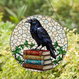 Black Raven Antique Books Tiffany Stained Glass Mosaic Window Art Decor for Home Gift Stained Glass Suncatcher