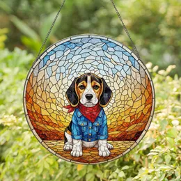 Stained Glass Tri-Color Beagle Puppy Red Bandana Blue Jacket Tiffany Style Intricate Mosaic Art Stained Glass Suncatcher