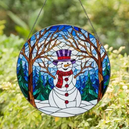 Cheerful Snowman Purple Hat Red Scarf - Winter Forest Stained Glass Christmas Decor Stained Glass Suncatcher