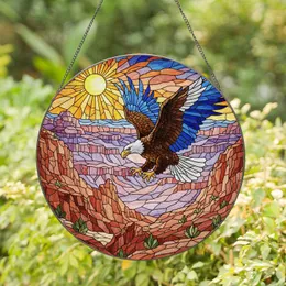 Bald Eagle Soaring Canyon Stained Glass Art - Radiant Sun Red-Brown Purple Pink Rocks Stained Glass Suncatcher