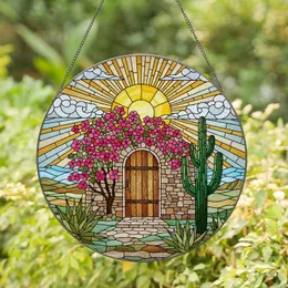 Rustic Wooden Door Bougainvillea Saguaro Cactus Desert Stained Glass Tiffany Art Decor Stained Glass Suncatcher