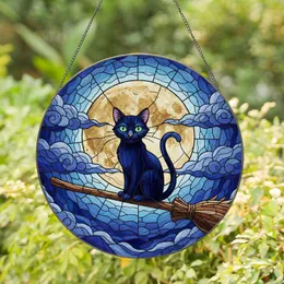 Black Cat Broomstick Full Moon Stained Glass Art - Glowing Eyes Witchy Decor Gift Stained Glass Suncatcher